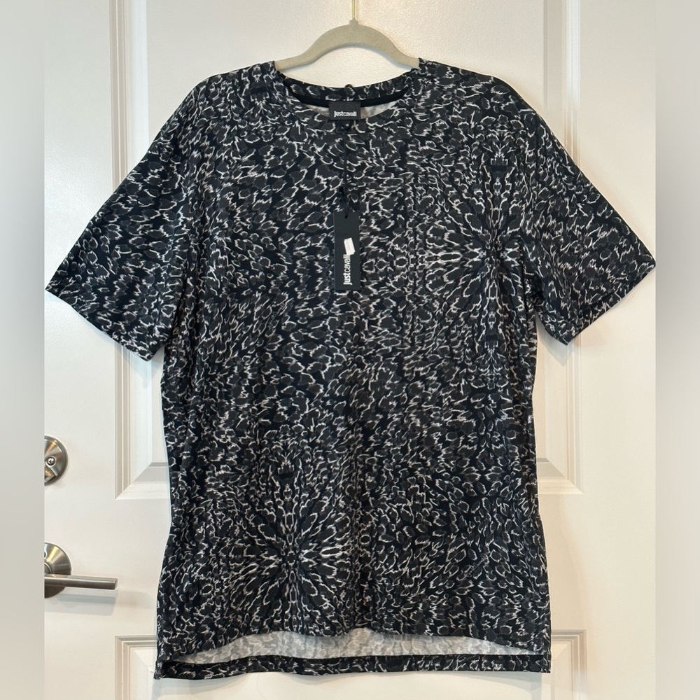 Just Cavalli Mens Crew Neck Shirt Black & White Short Sleeve Animal Print Medium